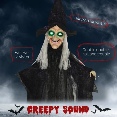 HOMCOM 6ft Outdoor Halloween Decoration Witch, Standing Witch Prop Life Size with Sound and Motion Activated, Light Up Eyes, Talking Sound, Posable Arms