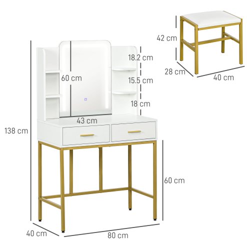 HOMCOM Dressing Table with Mirror, Cushioned Stool, 3 Colour LED Lights, Makeup Vanity Desk Set with Drawers and Open Shelves, Modern Dresser Vanity Table for Bedroom, White