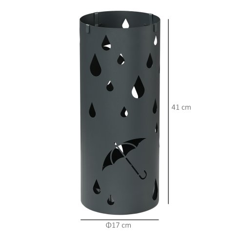 HOMCOM Steel Umbrella Stand, Round Umbrella Holder with 4 Hooks and Removable Drip Tray, Hollowed Umbrella Basket for Hallway, Dark Grey