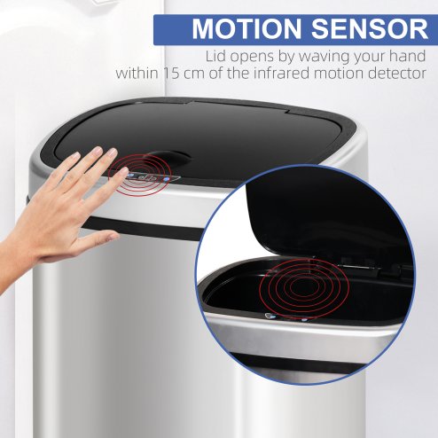 HOMCOM Stainless Steel Kitchen Sensor Dustbin Automatic Touchless Rubbish Garbage Waste Bin Silver