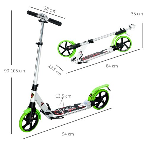 HOMCOM Folding Kick Scooter, Adjustable Ride On Scooter with 200mm Big Wheels and Double Shock Absorption, Urban Scooter for 14+ Teens Adult, Green