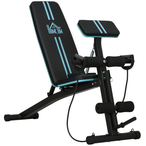 HOMCOM Foldable Weight Bench, Strength Training Sit Up Bench, Incline Decline Bench with 7-Level Backrest, Leg Extension Machine, Preacher Pad and Resistance Band for Home Gym Workout, Blue
