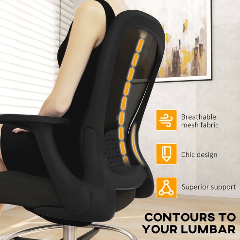 HOMCOM Drafting Chair, Swivel Draughtsman Chair, Ergonomic Office Chair, Mesh Standing Desk Chair with Flip-up Armrest, Lumbar Support, Adjustable Foot Ring, Black