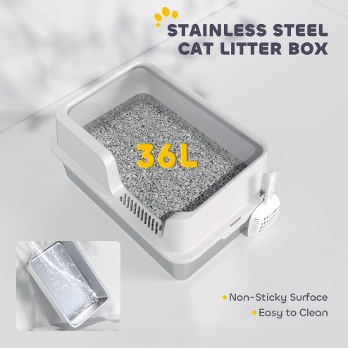 PawHut Stainless Steel Litter Box, High Sided Metal Cat Litter Tray with Detachable Rim, Scoop, Easy Cleaning, Odour-Resistant, 60 x 40 x 28 cm