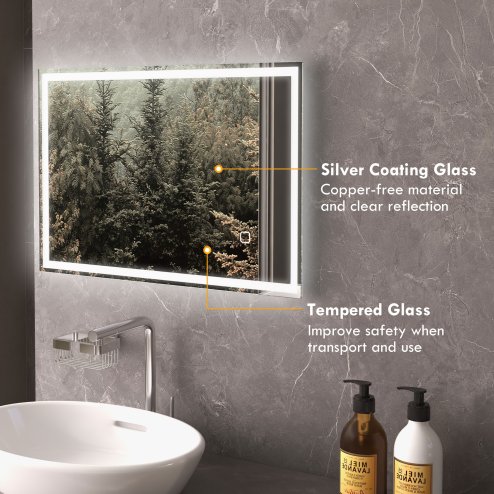 HOMCOM Bathroom Mirror with LED Lights, Illuminated Makeup Mirror with 3 Colours, Defogging Film and Memory Function, Hardwired, Horizontal or Vertical