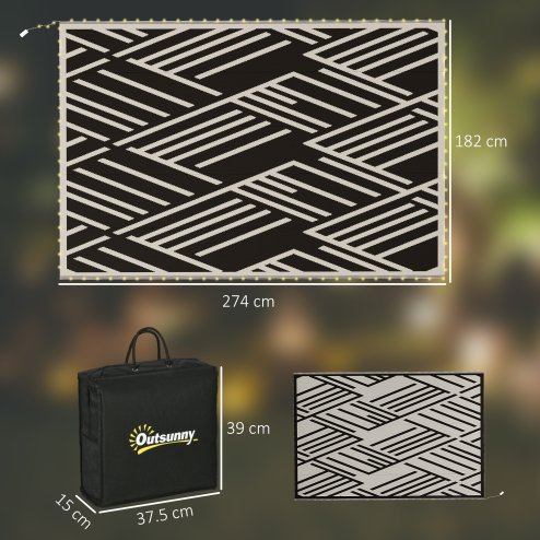 Outsunny Reversible Outdoor Rug with LED String Lights, Waterproof Plastic Straw Mat with Carry Bag for Garden, Deck, RV, Picnic, Beach, Camping, 182 x 274cm, Black and Coffee