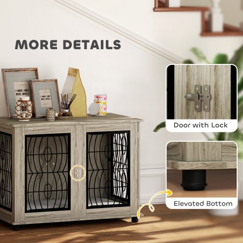 PawHut Dog Crate Furniture, Dog Cage with Soft Washable Cushion, Furniture-Style Pet Kennel Indoor House End Side Table for Small Medium Large Breeds, 100 x 60 x 73.5 cm, Grey