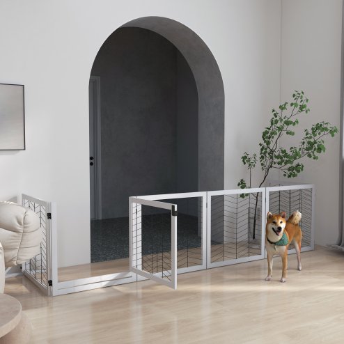 PawHut Freestanding Pet Gate, 8 Panels Dog Playpen, Foldable Dog Barrier with 2 Pcs Support Feet, for House, Doorway, Stairs, Small and Medium Dogs - White