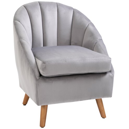 HOMCOM Velvet Armchair, Modern Accent Chair, Upholstered Tub Chair with Solid Wood Legs and Seat Cushion for Living Room, Grey