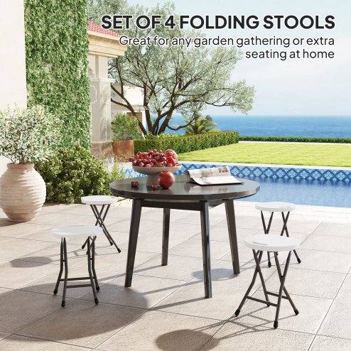 Outsunny Folding Stool Set of 4, Decorative Garden Stool Chair with Safety Latch, Foldable Garden Stools with Powder-Coated Steel Legs HDPE Seat and Handle for Indoor and Outdoor, White