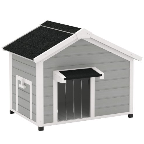 PawHut Dog House Wooden Dog Kennel Outdoor with Openable Asphalt Roof, Removable Floor, Door Curtain, Elevated Feet, for Medium Breeds, Light Grey