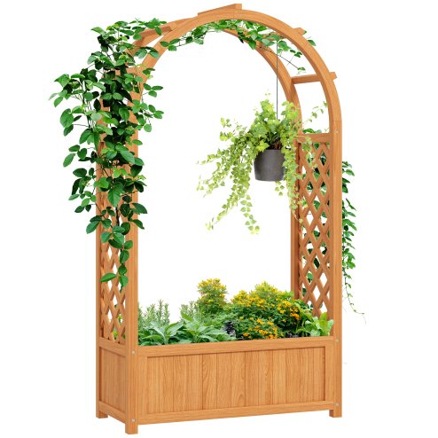 Outsunny Wooden Raised Garden Bed with Arch Trellis, Fabric Liner, Garden Planter Box with Drainage Holes, Trellis Planter for Vine Climbing Plants, Flowers, Herbs, Vegetables, 83 x 36 x 145 cm