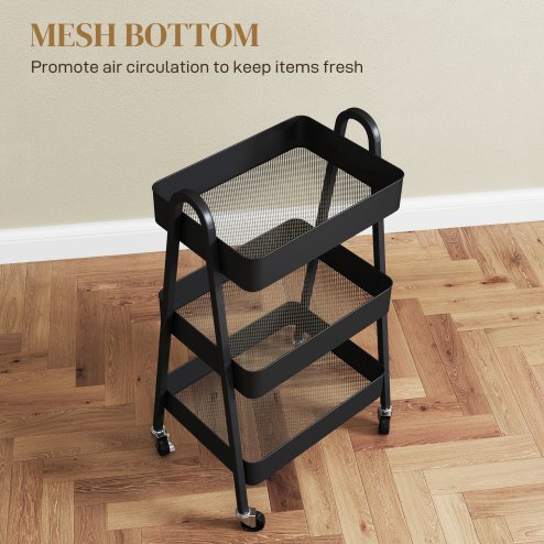 HOMCOM 3-Tier Storage Trolley on Wheels, Rolling Utility Cart with Handles, Mobile Kitchen Storage Cart for Living Room, Dining Room, Bedroom, Bathroom