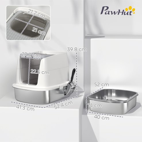 PawHut Stainless Steel Litter Box with Lid, Large Hooded Cat Litter Tray with Flip Cover, Metal Scoop, Deodoriser Bag, Non-Sticky, Odour Control and Easy Clean, White