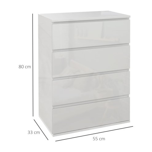 HOMCOM High Gloss Chest of Drawers, Modern 4 Drawer Dresser with Soft Closing Mechanism for Bedroom, White