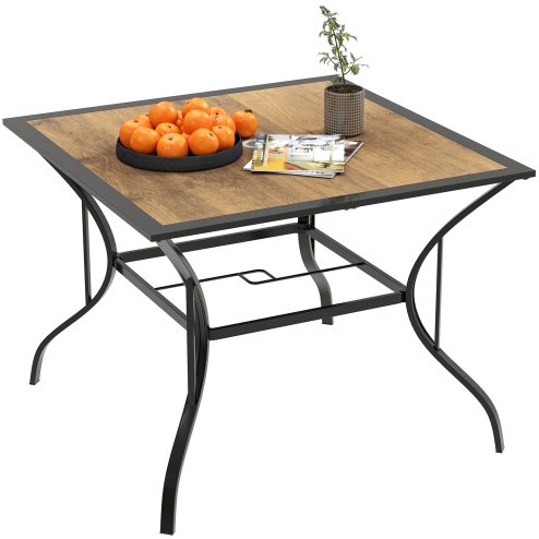 Outsunny 94 x 94 cm Garden Table with Parasol Hole, Outdoor Dining Table for 4, Square Patio Table with Stone-Grain Effect PC Board Top for Patio, Garden, Brown