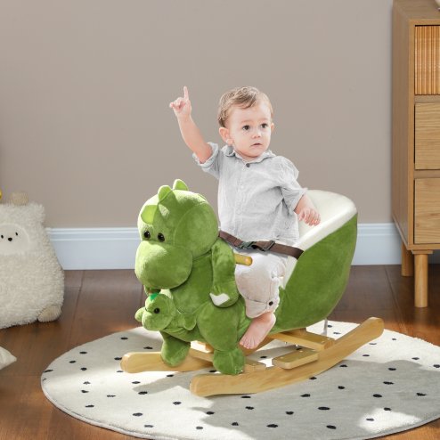 AIYAPLAY Baby Rocking Horse, Plush Ride on Dinosaur Seat with Safety Belt, 32 Songs, Wood Base, Hand Puppet