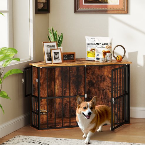 PawHut Corner Dog Crate Furniture, Dog Kennel Side End Table TV Stand with Two Bowls, Feeding Door, for Small, Medium Breeds, Rustic Brown
