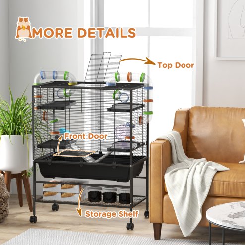 PawHut Large Hamster Cage, Gerbil Cage with Wheels, Tubes, Storage Shelf, Ramps, Running Wheel, Food Dish, Water Bottle, for Syrian Hamster - Black