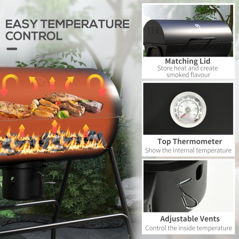 Outsunny Charcoal Barbecue Grill, Portable Barrel BBQ Trolley Smoker with Wheels, Ash Catcher and Thermometer for Outdoor Garden Party Cooking, Black