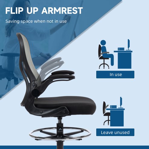 Vinsetto Draughtsman Chair with Flip-up Armrests, Mesh Standing Desk Chair with Lumbar Support and Adjustable Foot Ring for Bar Counter, Dark Grey
