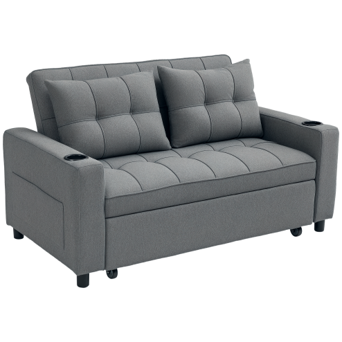 HOMCOM 2 Seater Sofa Bed, Convertible Pull Out Sofa Bed with Adjustable Backrest, Cup Holders and Pillows, Click Clack Settee for Living Room, Bedroom, Guest Room