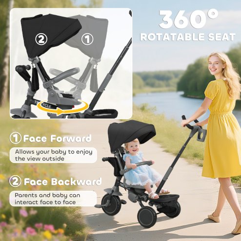 AIYAPLAY Kids Trike, 6 in 1 Toddler Tricycle with Adjustable Parent Handle & Canopy, Convertible Seat, for Ages 1-5 Years, Foldable Baby Trike with Safety Harness, Storage Basket & Bag, Black