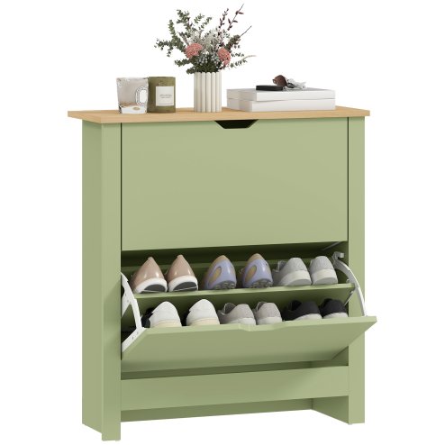 HOMCOM Narrow Shoe Cabinet, Space Saving Shoe Storage Cabinet with 2 Flip Drawers and Adjustable Shelves for 6-12 Pairs of Shoes for Hallways and Living Room, Green