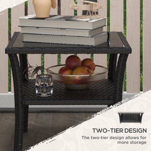 Outsunny 50cm Outdoor PE Rattan Coffee Table, Patio Wicker Two-tier Side Table with Glass Top, for Patio, Garden, Balcony, Black
