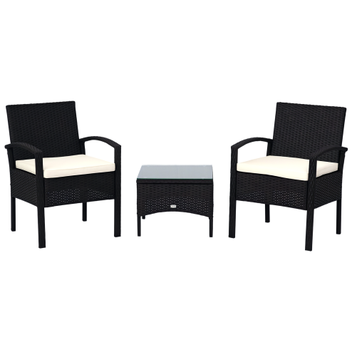 Outsunny 3 Pieces Rattan Bistro Set, Wicker Garden Furniture Set with Glass Top Coffee Table and Chairs, Washable Cushions for Outdoor, Patio, Balcony, Black