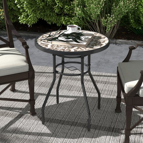 Outsunny 60 cm Garden Round Coffee Table,  Outdoor Side Table with Tempered Glass Printed Table Top and Foot Pads for Porch, Balcony, Tan Brown