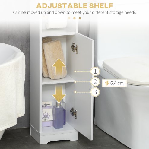 kleankin Slim Bathroom Storage Cabinet with 2 Open Shelves and Toilet Paper Roll Holder, Freestanding Bathroom Storage Unit with Adjustable Shelf, 23 x 18 x 100 cm, White