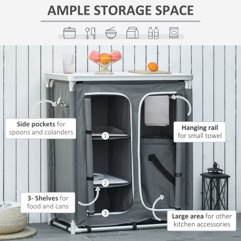 Outsunny Aluminum Camping Cupboard, Camping Kitchen Station Cook Table with 3-Shelf, Storage Organiser for BBQ Party Picnics Backyards with Carrying Bag