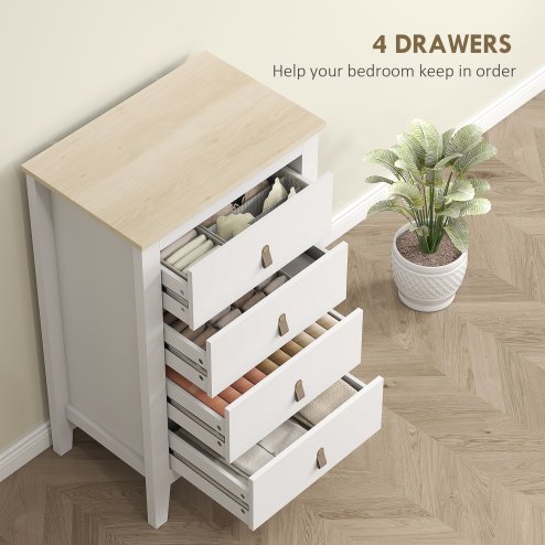 HOMCOM Bedroom Chest of Drawers, Modern 4 Drawer Dresser Cabinet with PU Leather Handles and Metal Runners for Living Room, Hallway, Entryway, White