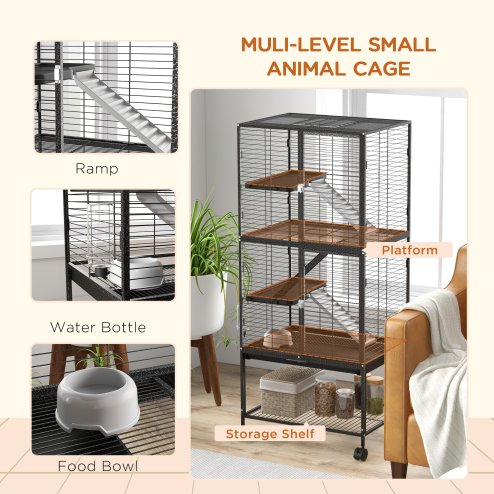 PawHut Ferret Cage Rolling Small Animal Cage 4 Levels Pet Cage 136cm Height for Chinchillas, Squirrels with 3 Doors, Storage Shelf, Tray, Bowl, Water Bottle, Ramps - Charcoal Grey
