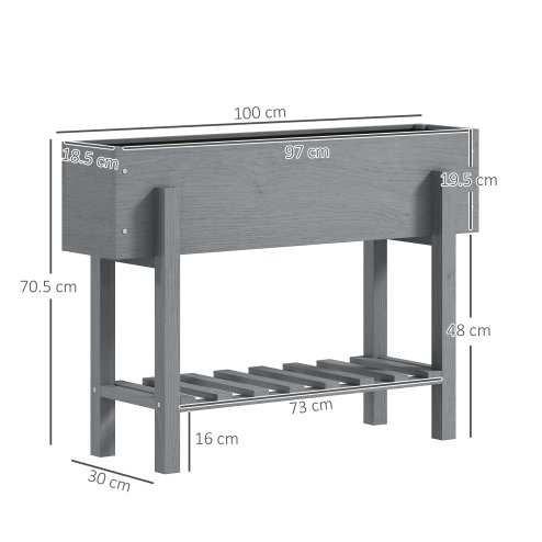 Outsunny Wooden Raised Garden Bed, Elevated Planter Box with Bed Liner, Drainage Holes and Storage Shelf, Raised Planter for Vegetables, Flowers, Herbs, 100 x 30 x 71 cm, Grey
