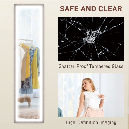 HOMCOM Full Length Mirror with LED Lights, 160 x 40cm Free Standing Mirror with Dimming and 3 Colour Lighting, Leaning or Wall Mirror with Frame for Living Room, Bedroom, Grey
