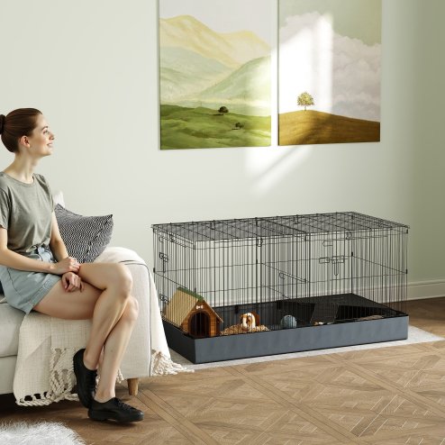 PawHut Guinea Pig Cage, 2 in 1 Rabbit Cage Pet Playpen with Removable Top, 2 Separate Area, Waterproof Oxford Fabric Floor, Perch, Ramp, Small Animal Cage for Guinea Pigs, Bunnies, Hedgehogs, Black