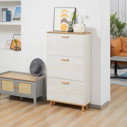 HOMCOM Narrow Shoe Cabinet, Slim Shoe Storage Cabinet with 3 Flip Drawers and Adjustable Shelves, 12 Pair of Shoes Organizer for Hallway, Entryway
