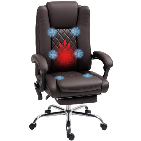 HOMCOM Executive Office Chair with 6-point Massage and Heat, PU Leather Reclining Desk Chair with Tufted High Back, Height Adjustable, Swivel Wheels, Footrest, for Home, Dark Brown