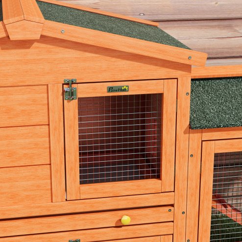 PawHut Rabbit Hutch Outdoor, 2 Tier Guinea Pig Hutch with Run, Ramp, Slide-out Tray, Asphalt Roof, 150 x 45 x 85cm