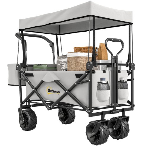 Outsunny 120L Festival Trolley on Wheels, Folding Camping Trolley Cart with Removable Canopy, All-Terrain Wheels, Adjustable Handle and Side Pockets for Garden Beach Fishing Shopping, Grey