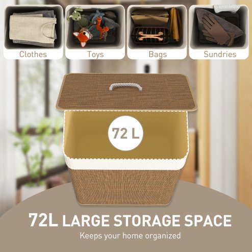HOMCOM Bamboo Laundry Basket with Lid, 72L Laundry Hamper with Rope Handles, Washing Basket with Removable Washable Liner Bag for Bathroom, Bedroom, Brown