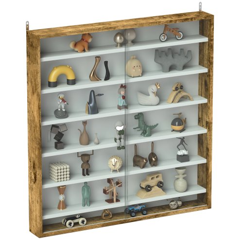 HOMCOM 7-Tier Wall Mounted Display Cabinet, Display Case with 6 Adjustable Shelves, Glass Doors for Home Office Ornaments 83x80cm, Rustic Brown