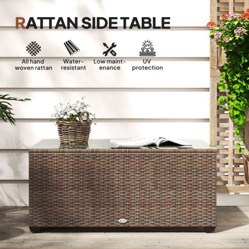 Outsunny Outdoor Coffee Table, PE Rattan Side Table with Tempered Glass Top, Wicker Rectangular Garden Coffee Table End Table with Steel Frame for Patio, Balcony, 90 x 50 x 38cm, Brown