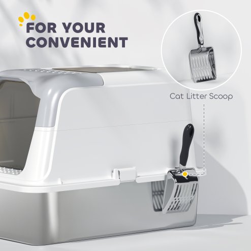 PawHut Stainless Steel Litter Box with Lid, Extra Large Hooded Cat Litter Tray for Big Cats with Front-Entry and Top-Exit, Metal Scoop, Deodorizer Bag, Non-Sticky, Odour Control and Easy Clean