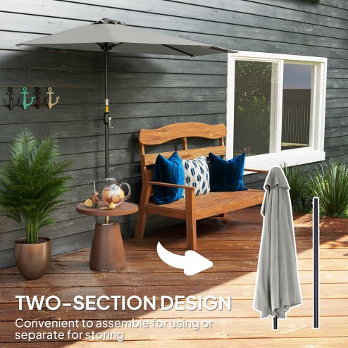 Outsunny 2.7m Garden Half Parasol, Outdoor Balcony Umbrella with 5 Steel Ribs, Patio Sun Shade, Light Grey