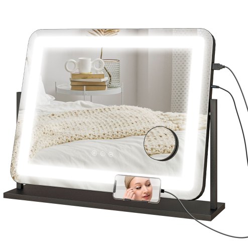 HOMCOM Vanity Mirror with Lights, 63x50 cm Lighted Makeup Mirror with 3 Colour Lighting Modes, 10X Magnifying, USB Charging Port, Phone Holder, 360 Degree Rotation, Touch Screen, for Dressing Table
