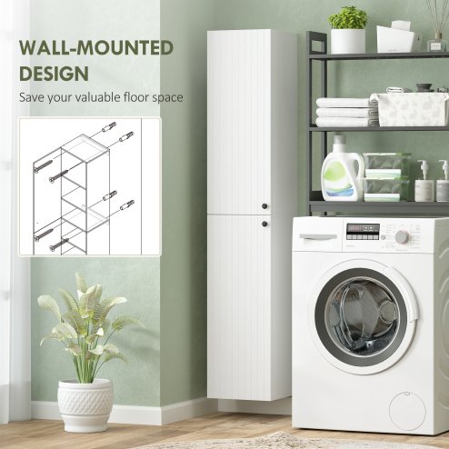 HOMCOM 300 x 1610 mm Wall Mounted Tall Bathroom Cabinet with Soft-Close Hinges, Slim Bathroom Storage Cabinet with 2 Doors, Modern Narrow Storage Cupboard, White