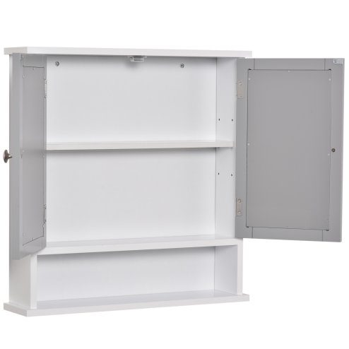 kleankin Mirror Cabinet Wall Mounted with Double Mirrored Doors, Hanging Cabinet with Cupboard and Shelf, Bathroom Wall Storage Organiser